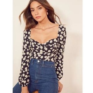 Reformation Reign Top Daisy Chain Black Floral Long Sleeve